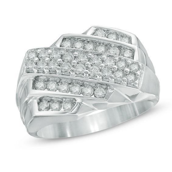 Men's 1 CT. T.w. Diamond Multi-Row Diagonal Slant Ring in 10K White Gold Product Image