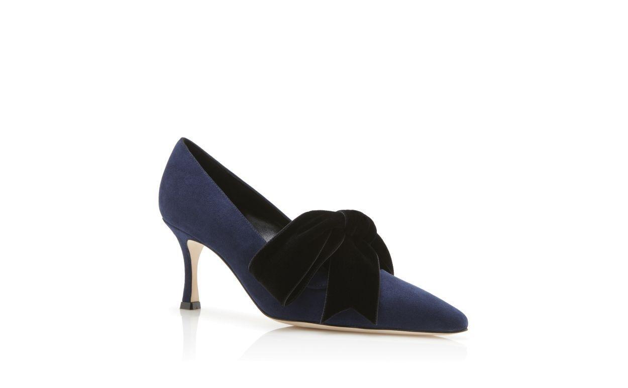 SERBA Navy Blue Suede and Velvet Bow Detail Pumps  Product Image