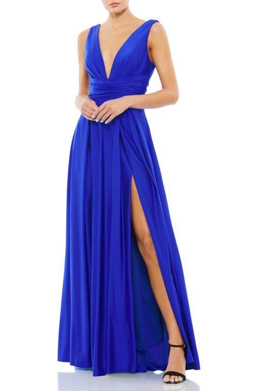 Mac Duggal Pleated Deep V-Neck Sleeveless Empire Waist Thigh High Slit A-Line Gown Product Image