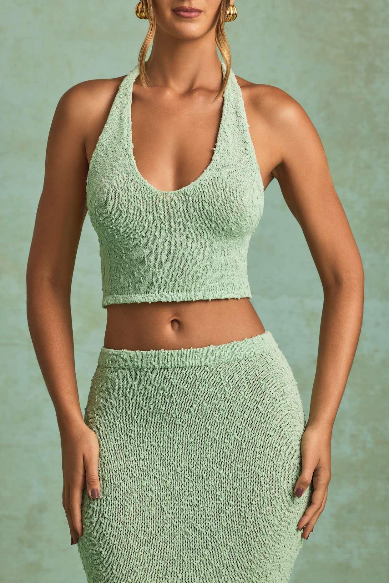 Bouclé Halterneck Crop Top in Mint Product Image