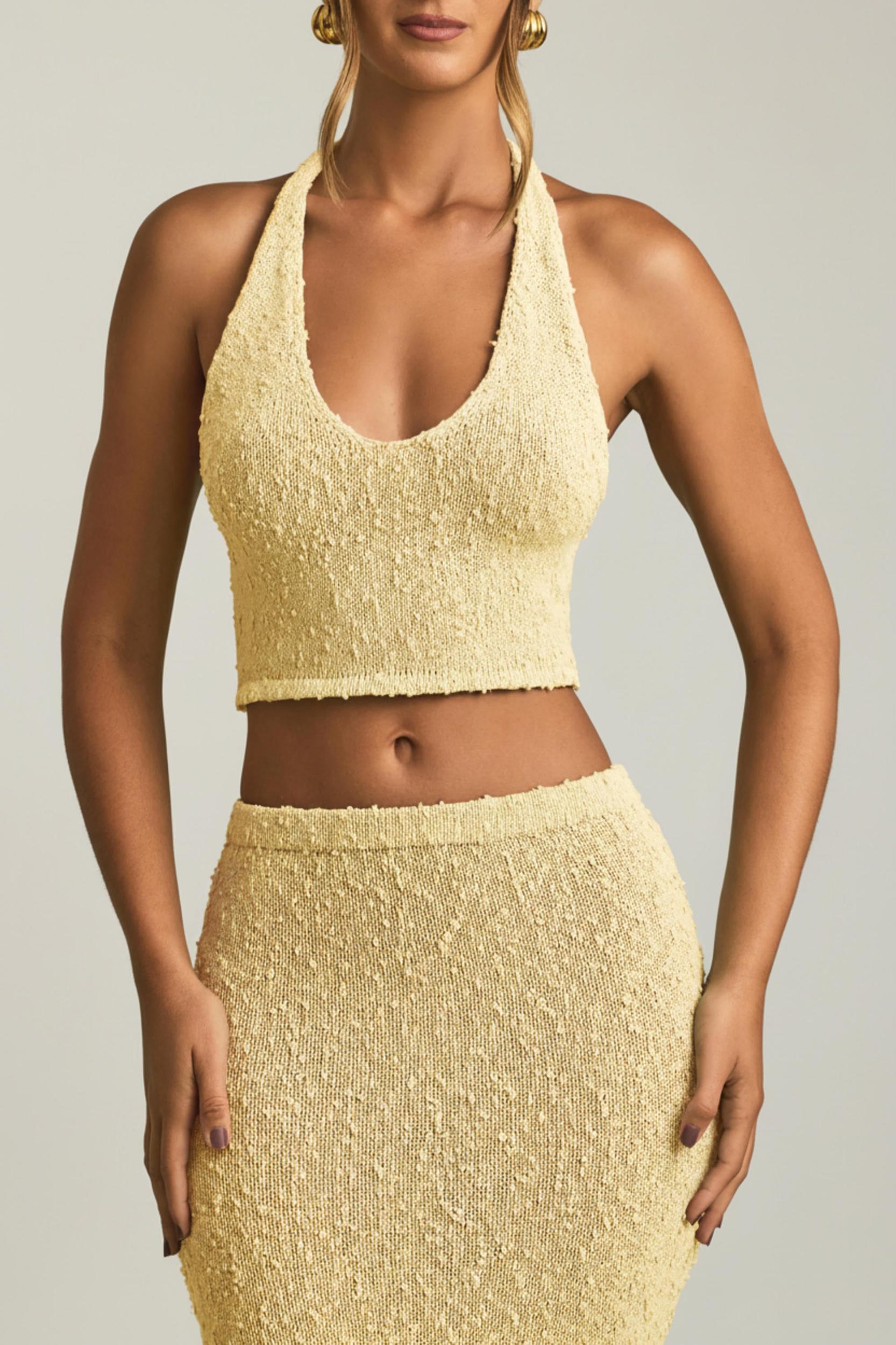 Bouclé Halterneck Crop Top in Yellow Product Image
