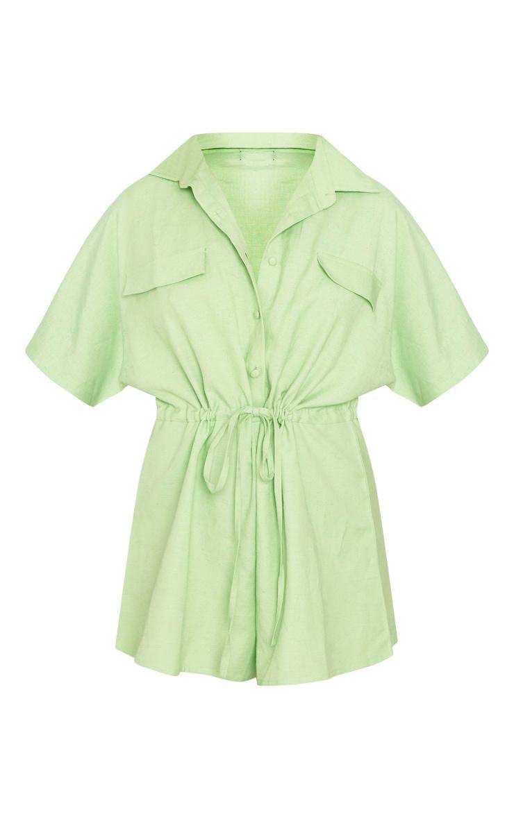  Green Linen Look Tie Waist Shirt Style Romper Product Image