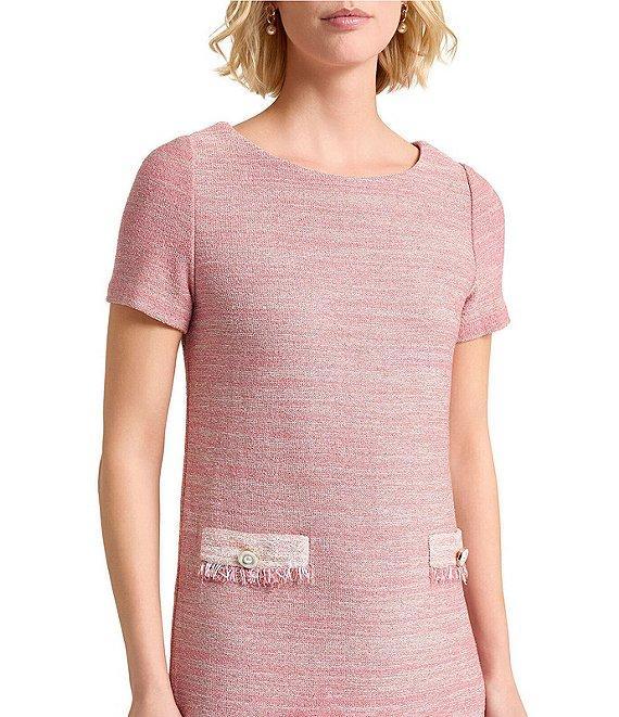 MISOOK Melange Knit Round Neck Short Sleeve Fringe Trim Shift Dress Product Image