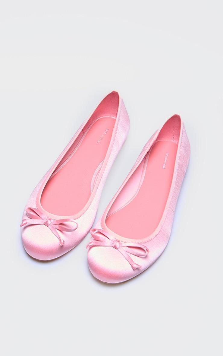 Pink Satin Round Toe Bow Detail Ballet Flats Product Image