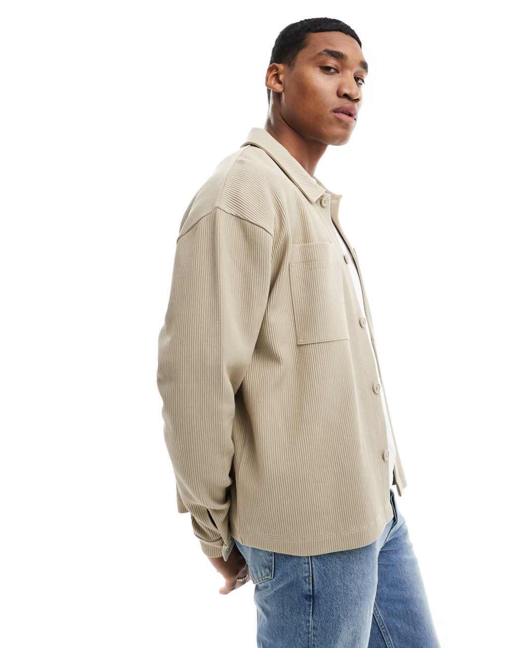 ASOS DESIGN oversized ribbed shacket in beige Product Image