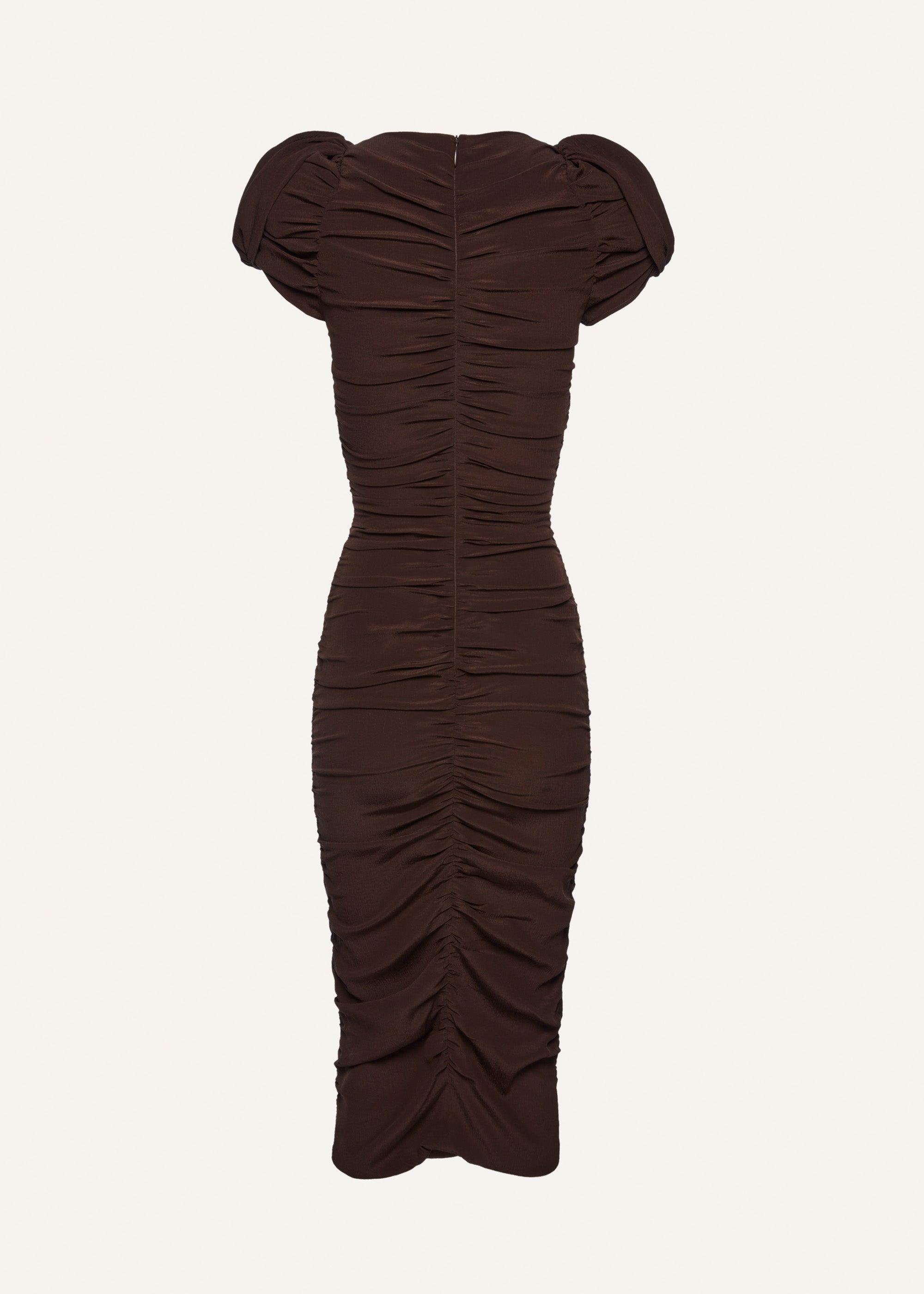 Puff sleeve midi dress in brown Product Image