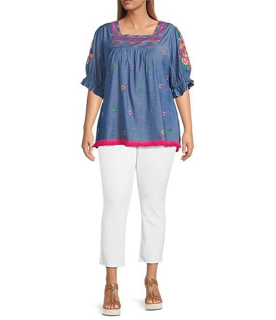 Calessa Plus Size Embroidered Square Neck Short Sleeve Tunic Product Image