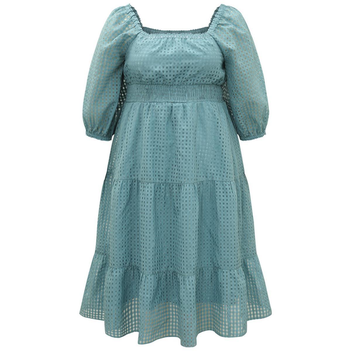 Plus Size Plain Gathered Texture Shirred Pocket Lantern Sleeve Dress Cerulean Women Elegant Elastic cuffs Square Neck Elbow-length sleeve Curvy Midi Dress BloomChic 30/6X Product Image