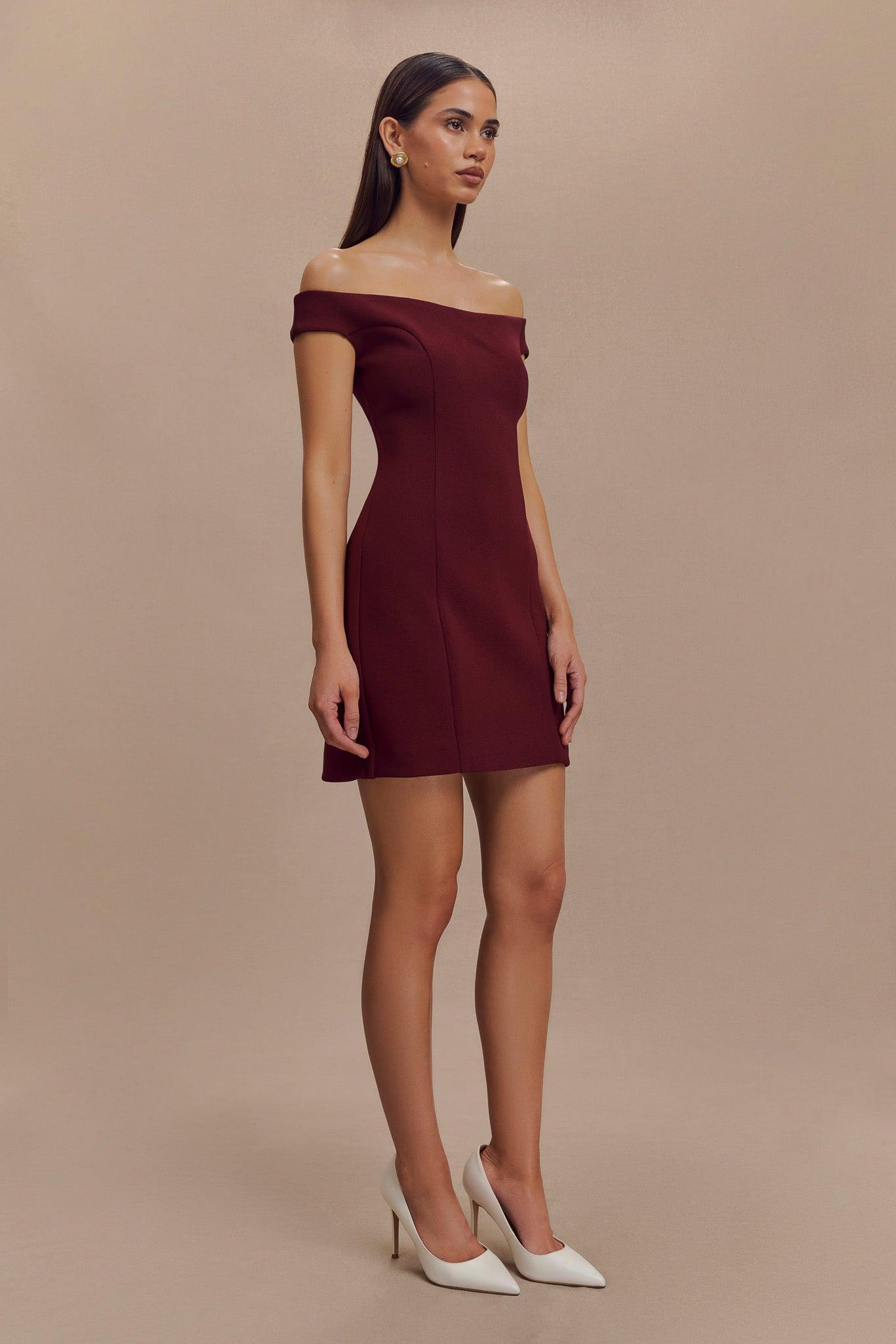 Cassidy Crepe Off Shoulder Mini Dress - Merlot Product Image