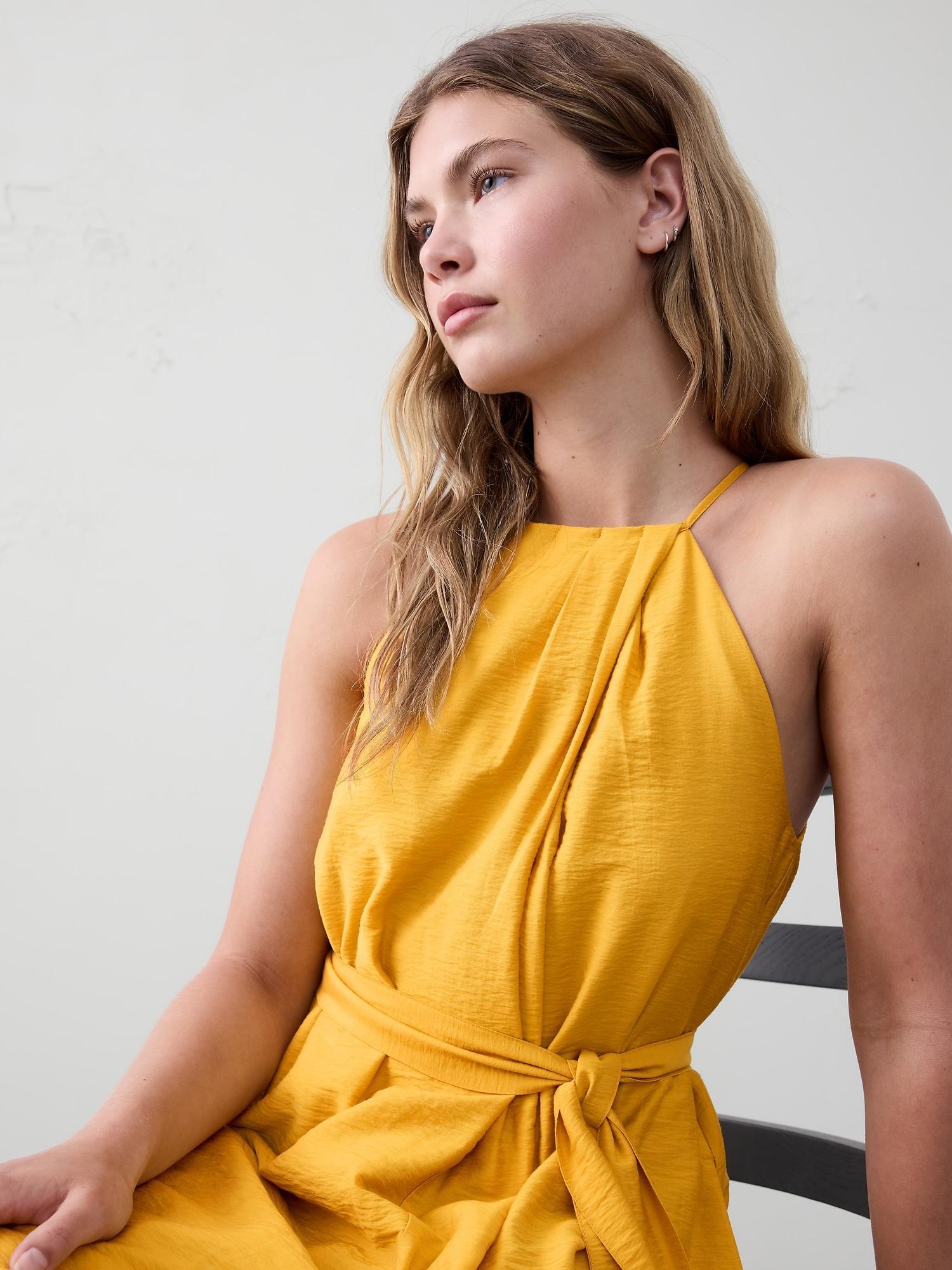 Pleated-Neck Midi Dress Product Image