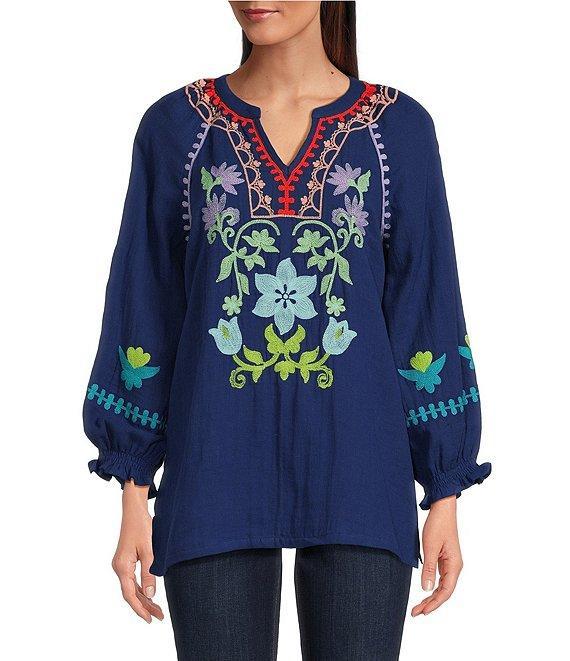 Tru Luxe Jeans Multi-Color Embroidered Gauze Split V-Neck 3/4 Smocked Sleeve Top Product Image