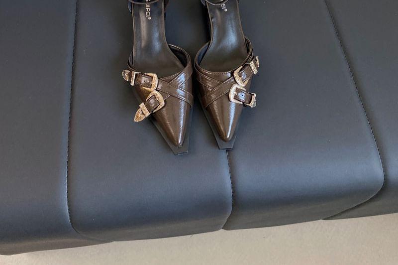 Buckle-Strap Chunky-Heel Pointy Sandals Product Image