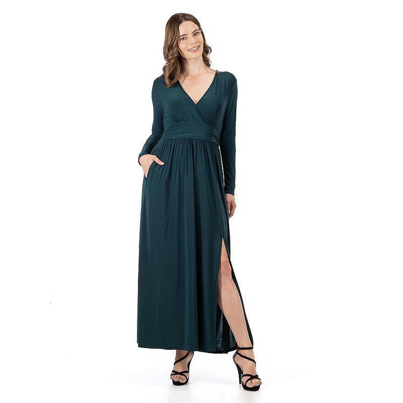 Womens 24Seven Comfort Apparel Long Sleeve V-Neck Side Slit Maxi Dress Blue Product Image