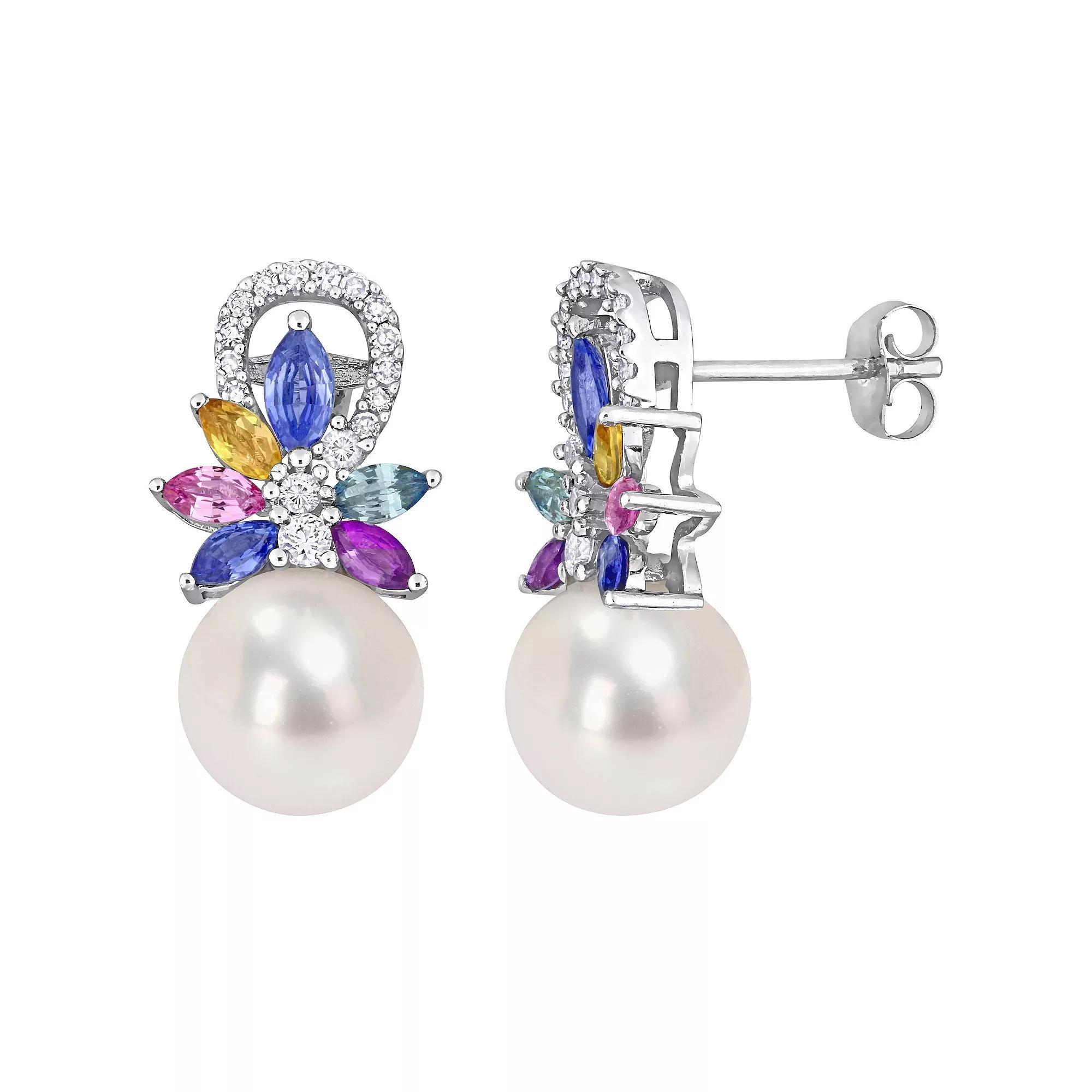 Stella Grace 14k White Gold Freshwater Cultured Pearl, Multicolor Sapphire & 1/8 Carat T.W. Diamond Flower Drop Earrings, Women's Product Image