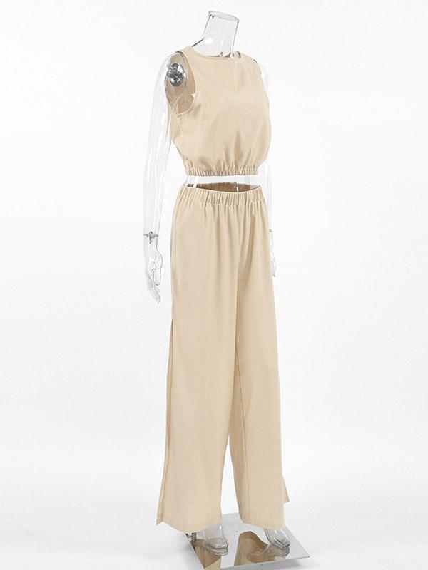 Loose Elasticity Solid Color Split-Joint Round-Neck Vest + High Waisted Split-Side Pants Two Pieces Set Product Image