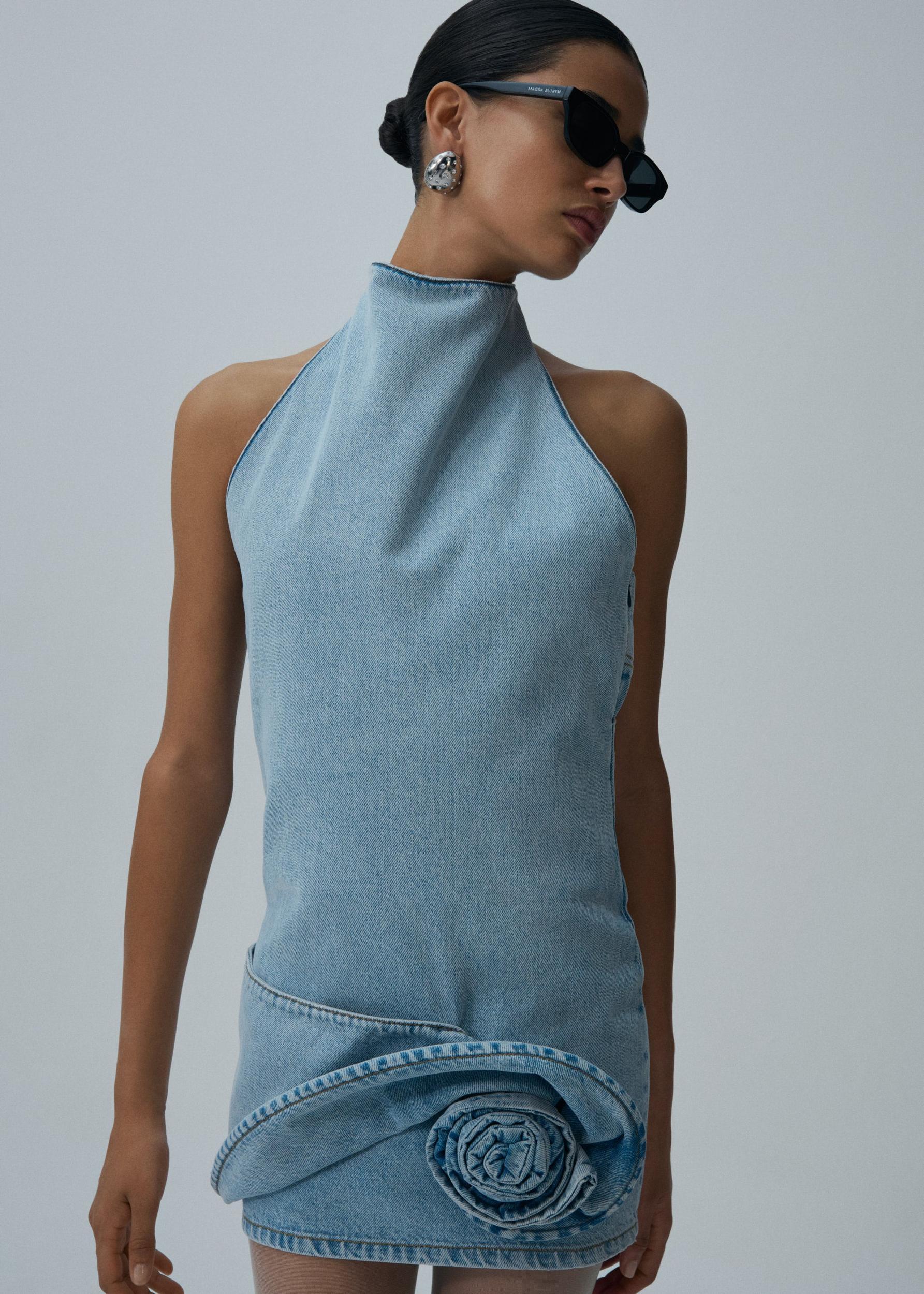 Flower applique halter dress in light blue Product Image