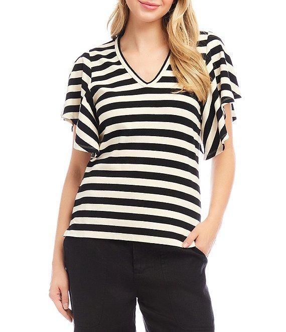 Karen Kane Knit Stripe V-Neck Short Flutter Sleeve Top Product Image