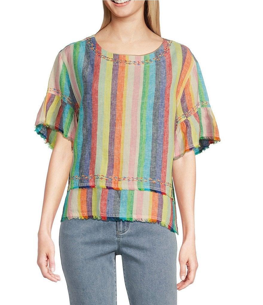John Mark Petite Size Embroidered Yarn-Dye Stripe Crew Neck Short Ruffle Hi-Low Hem Top Product Image