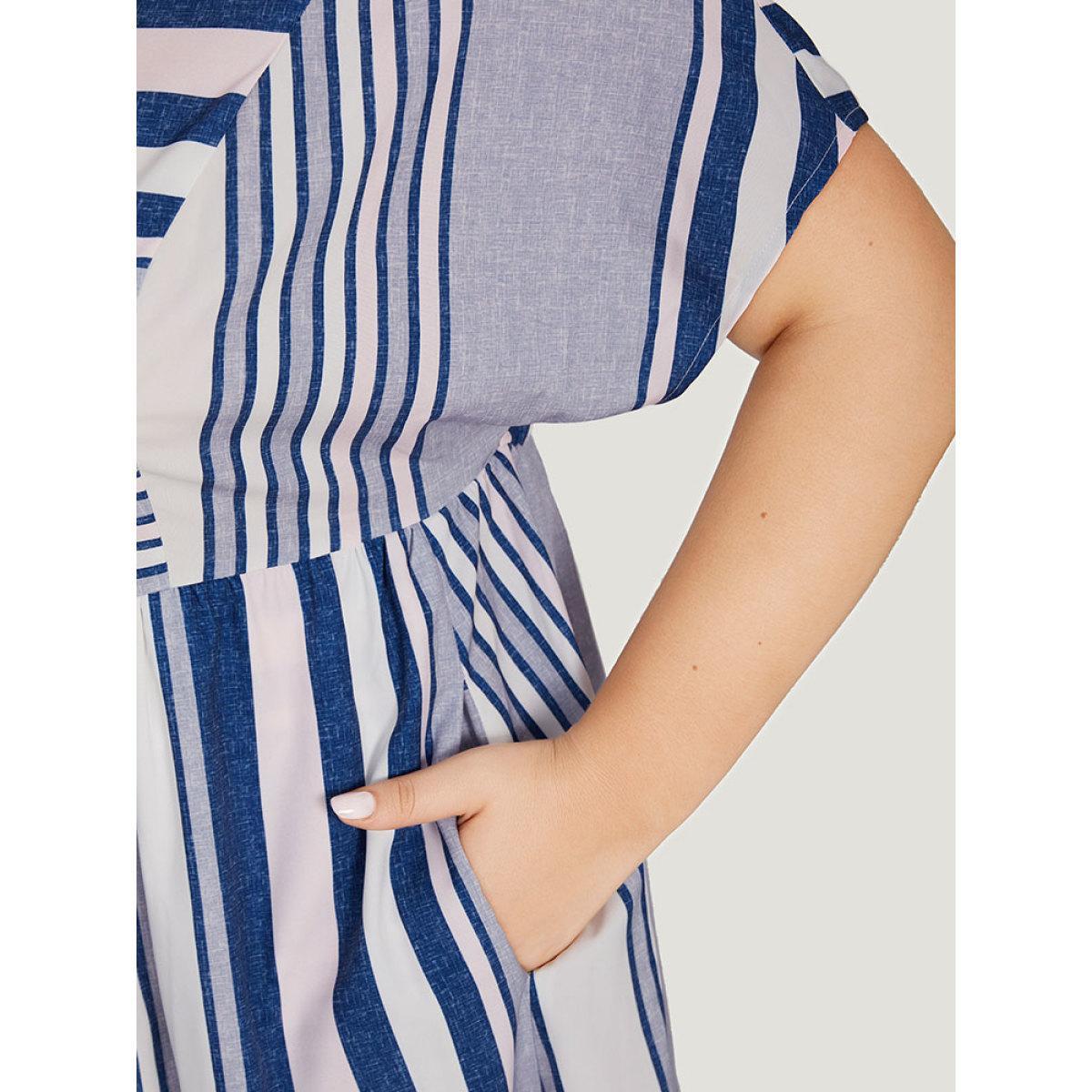 Plus Size Striped Print Patchwork Ruffle Sleeve Ruched Dress DarkBlue Women Vacation Round Neck Short sleeve Curvy Knee Dress BloomChic 30/6X Product Image