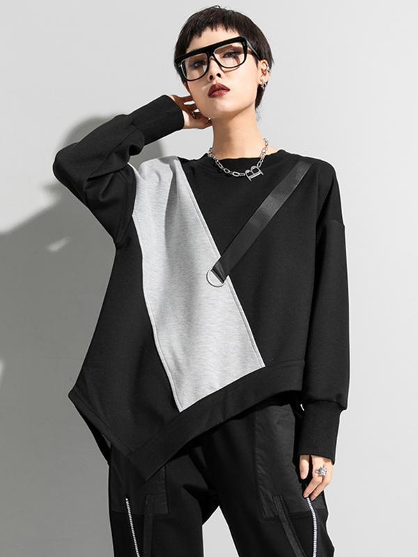 Stylish Black&Gray Asymmetric Contrast Color Long Sleeves Round-Neck T-Shirt Product Image