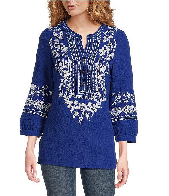 Calessa Petite Size Embroidered Floral Patchwork Split V-Neck 3/4 Sleeve Tunic Product Image