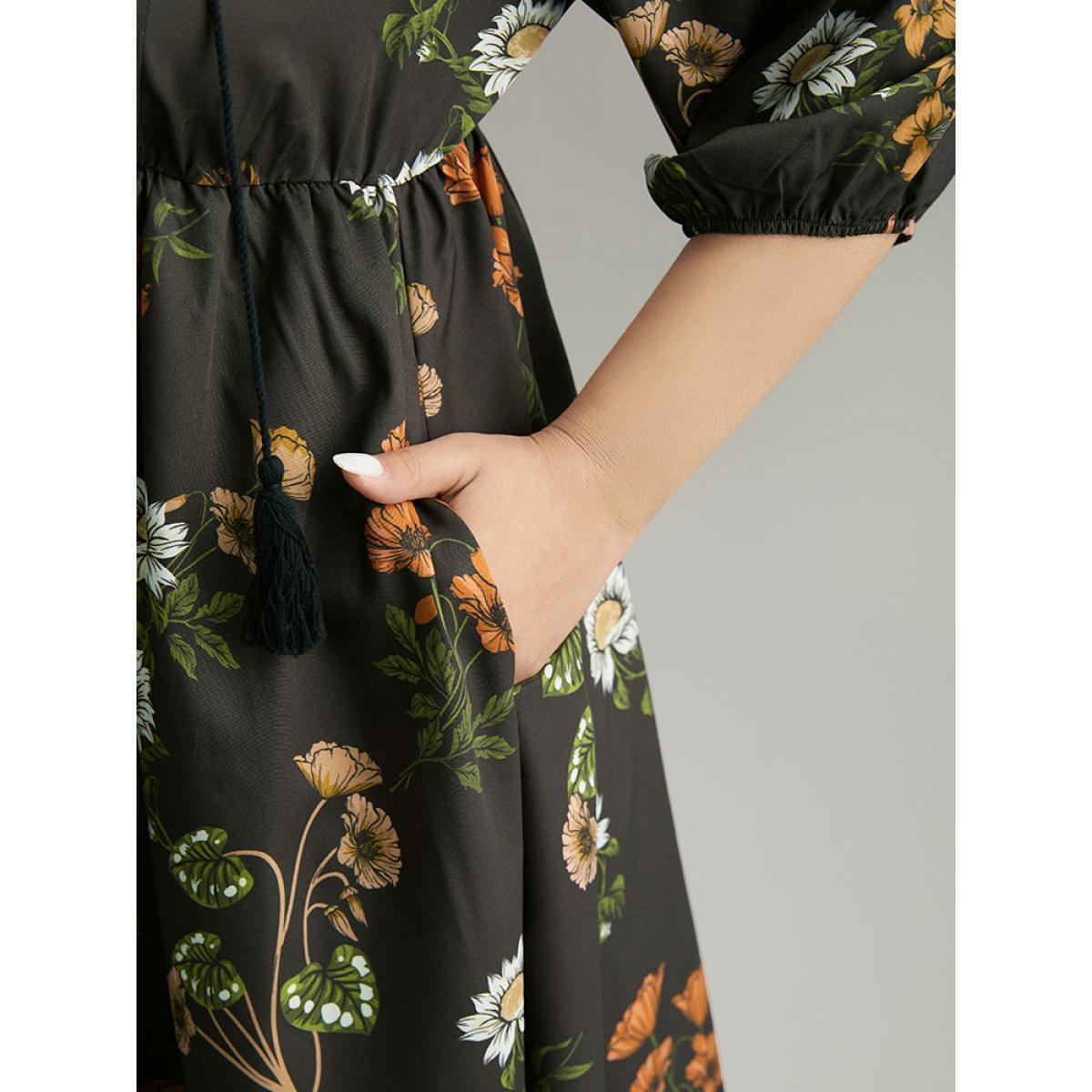 Plus Size Floral Tassel Trim Gathered Knot Neck Dress Black Women Vacation Elastic cuffs Tie Neck Elbow-length sleeve Curvy Knee Dress BloomChic 30/6X Product Image