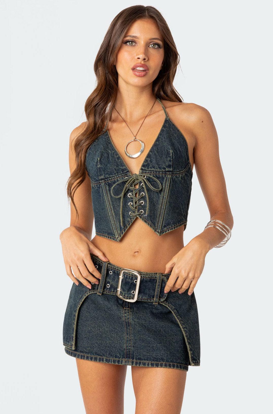 Elara Washed Denim Lace Up Corset Product Image