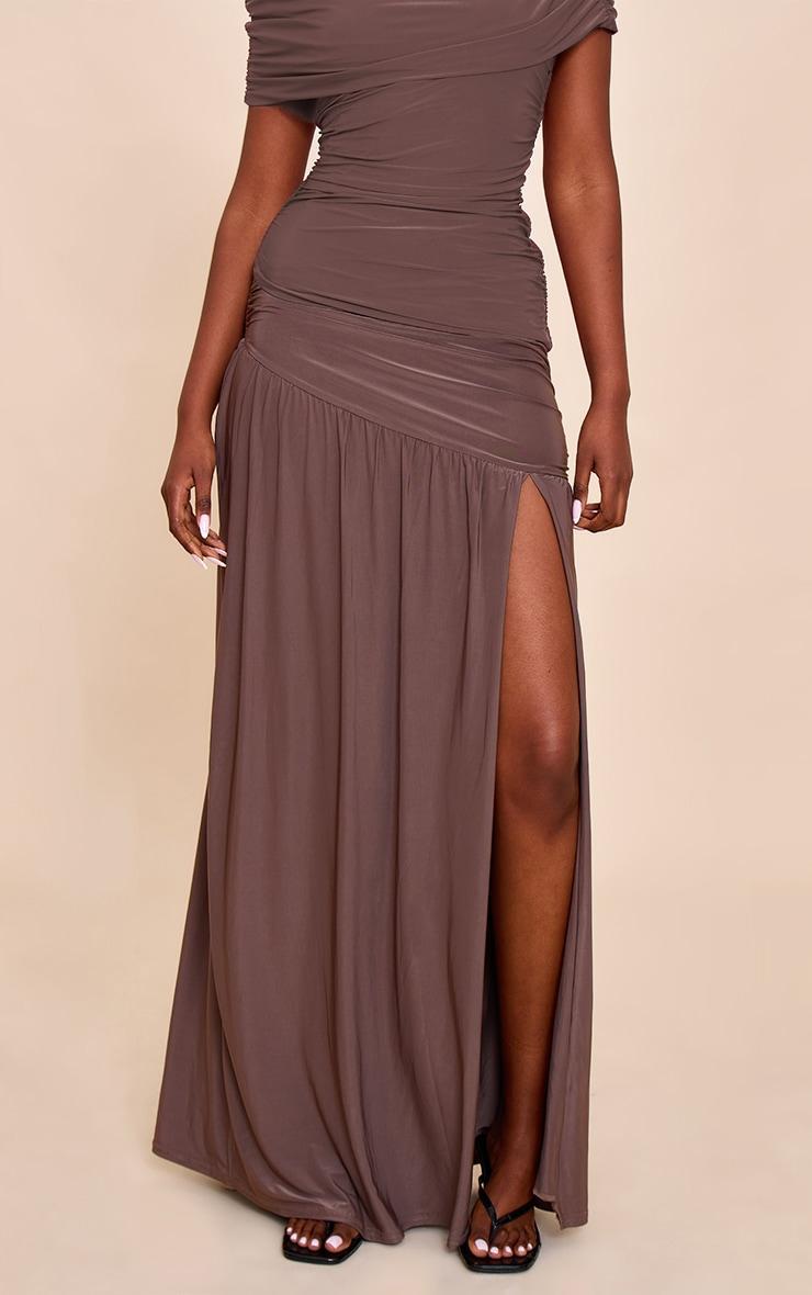 Mushroom Double Layer Slinky Drop Waist Slit Maxi Skirt Product Image