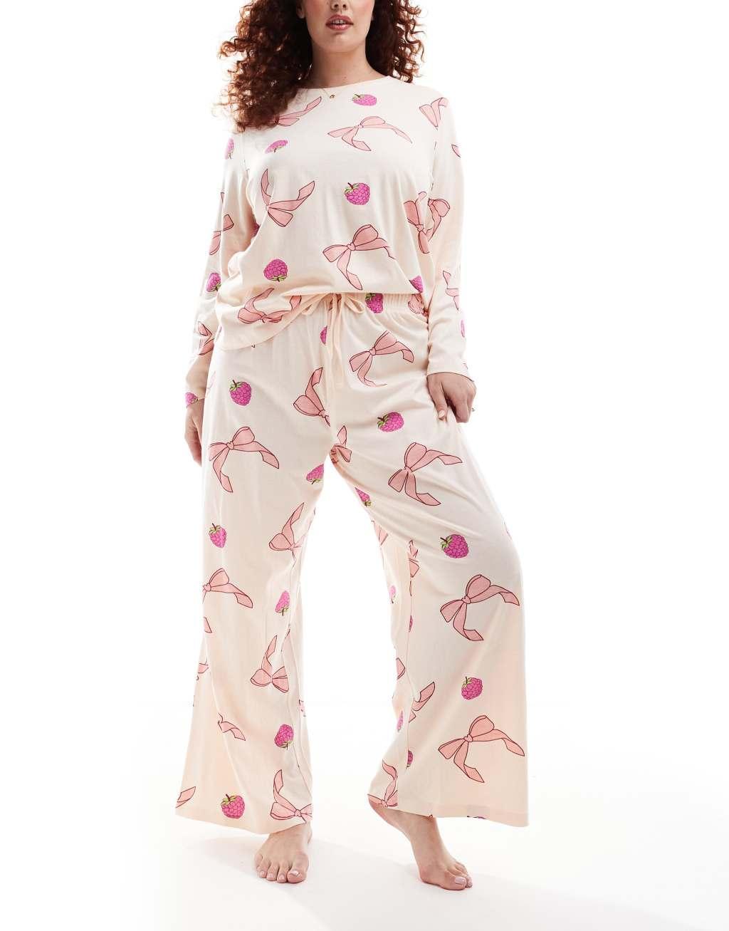 ASOS DESIGN Curve bow and fruit long sleeve top & pants pajama set in pink Product Image