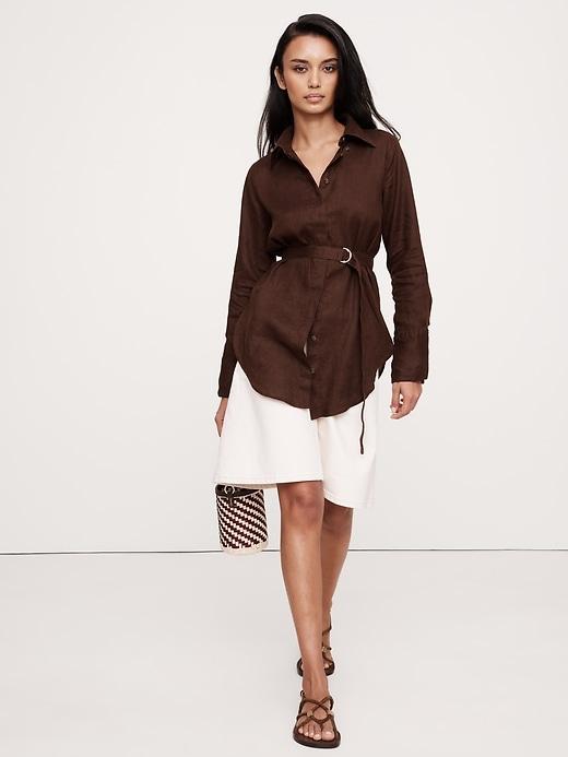 Linen Belted Tunic Shirt Product Image