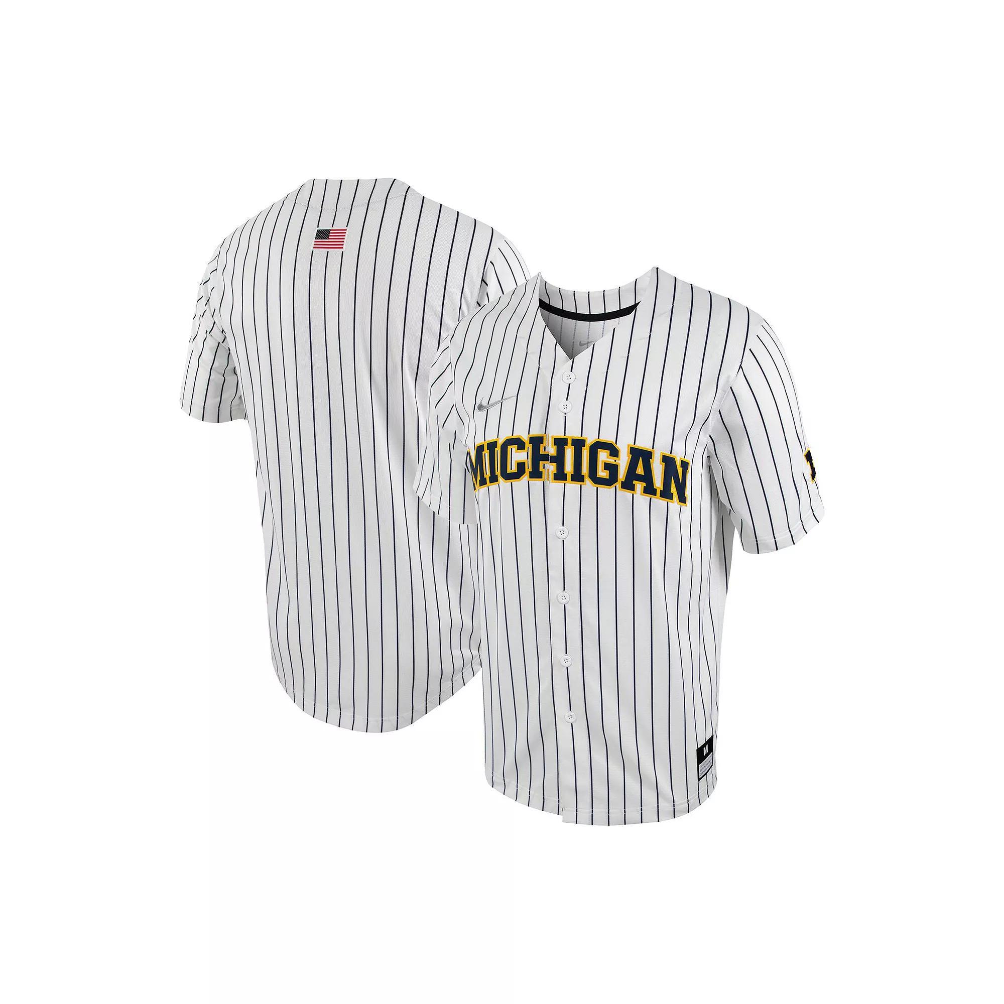 Men's Nike White/Navy Michigan Wolverines Pinstripe Replica Full-Button Baseball Jersey,  Product Image
