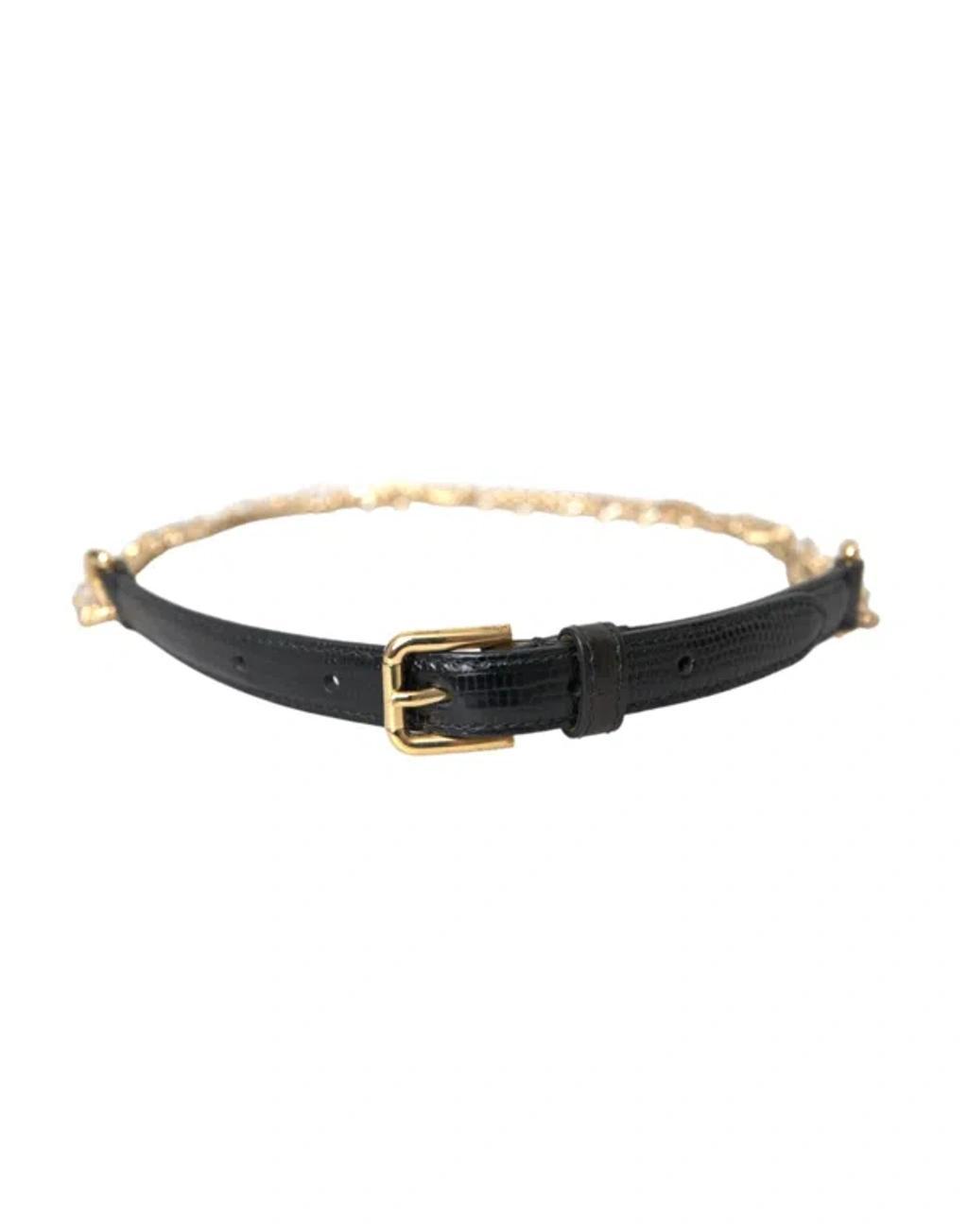 DOLCE & GABBANA Black Leather Gold Chain Crystal Waist Women Belt Product Image