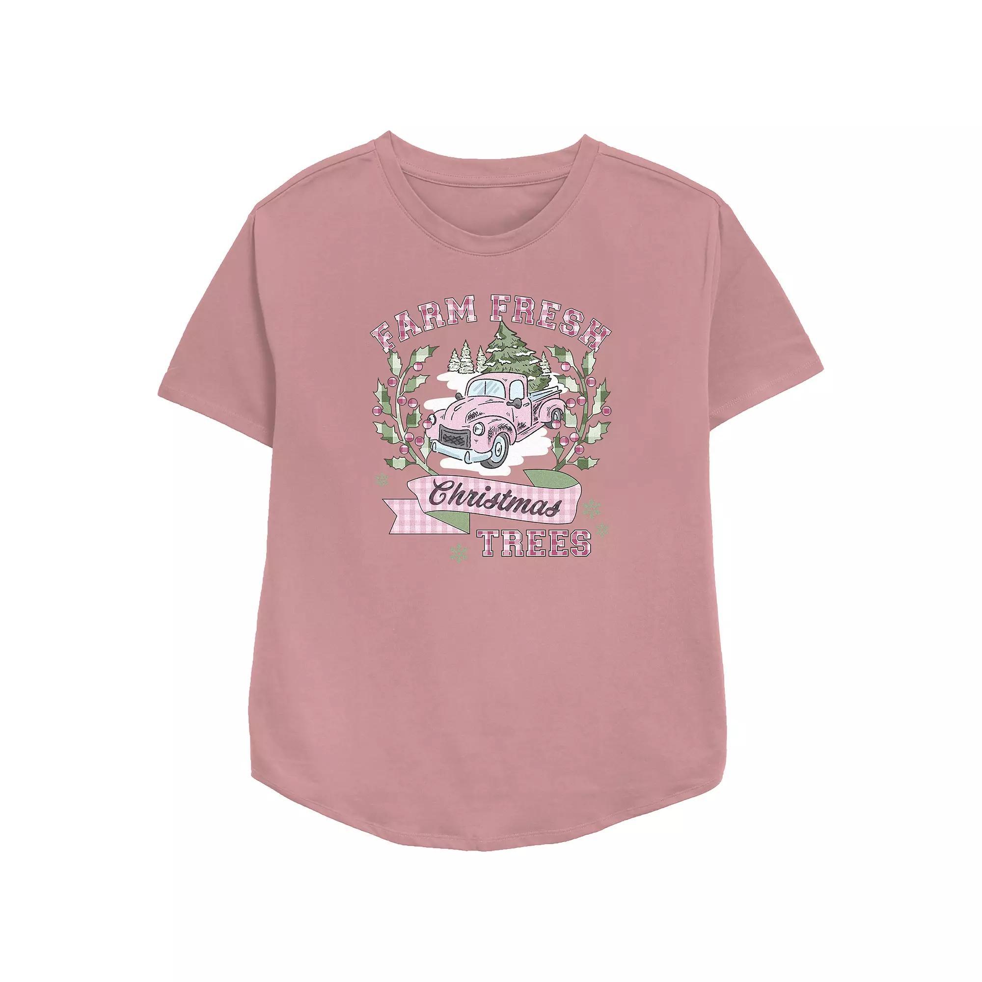 Women's Farm Fresh Christmas Trees Relaxed Fit Graphic Tee, Size: Small, Pink Product Image