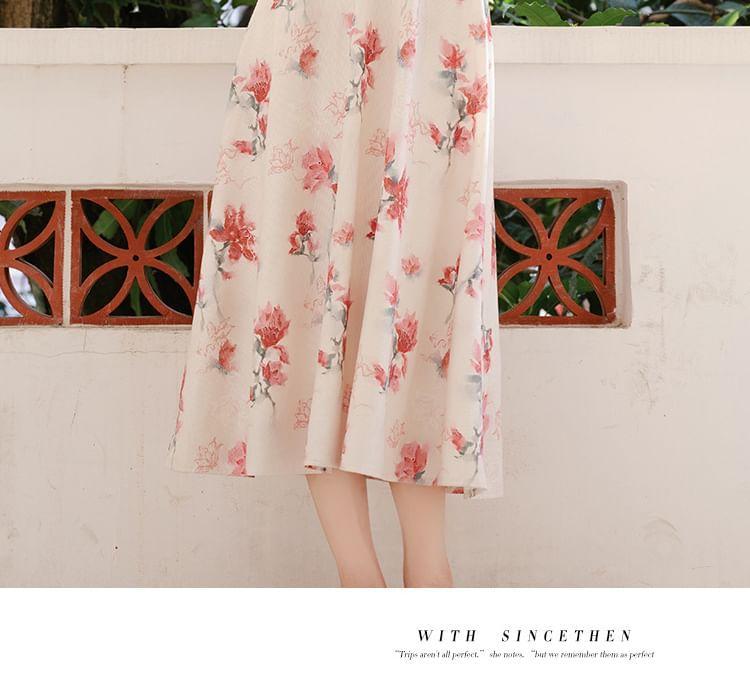 Mock Two-Piece Long-Sleeve Floral Print Midi A-Line Dress Product Image