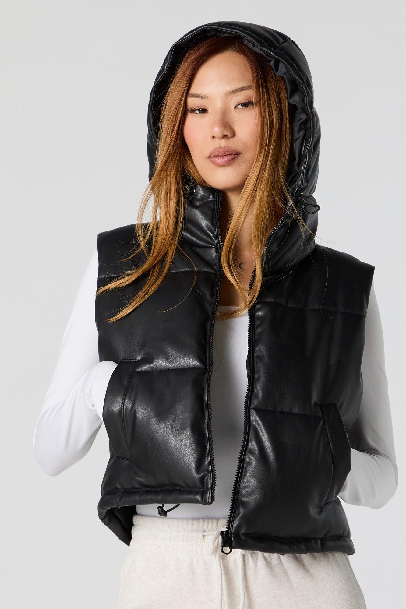 Faux Leather Hooded Puffer Vest Female Product Image