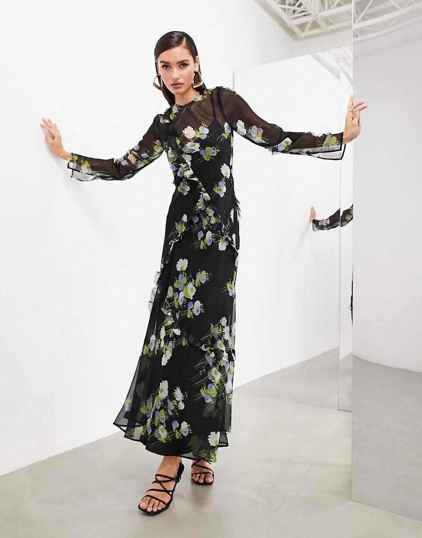 ASOS EDITION long sleeve chiffon maxi dress with frills Product Image