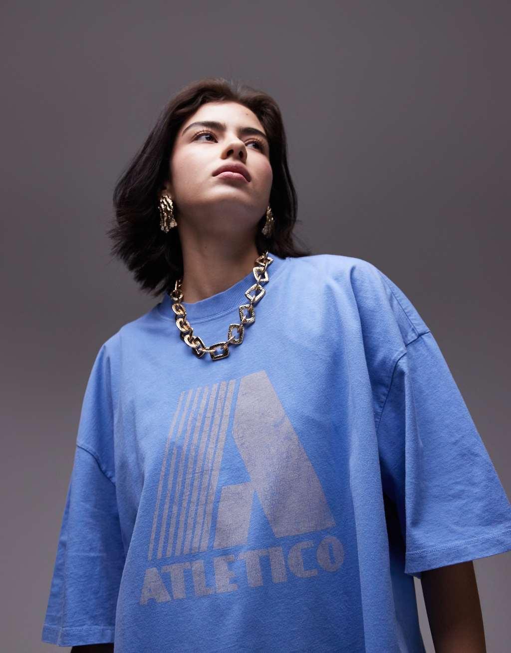 Topshop graphic athletic oversized tee in blue  Product Image