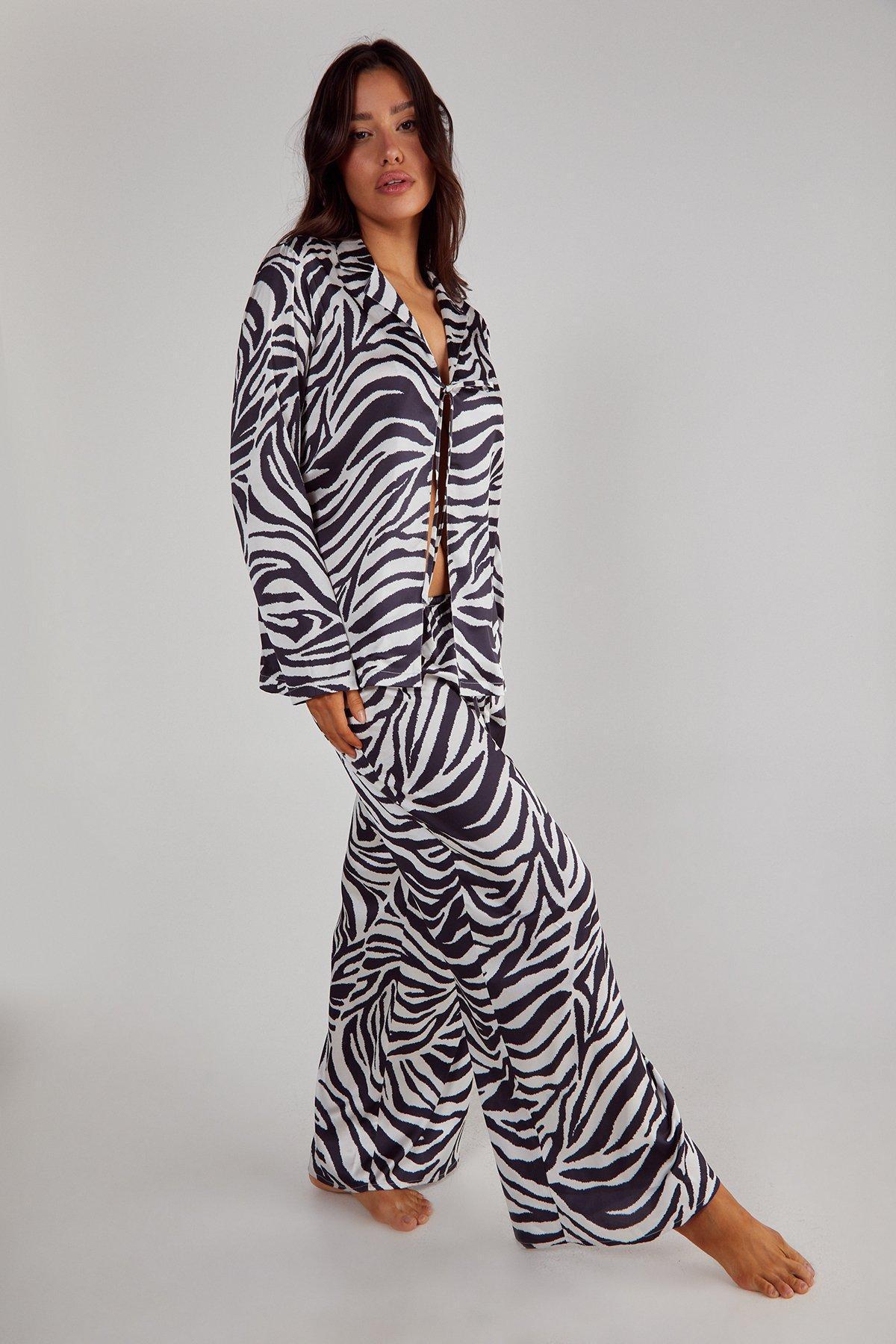 Satin Zebra Tie Front Shirt And Pants Pajama Set Product Image