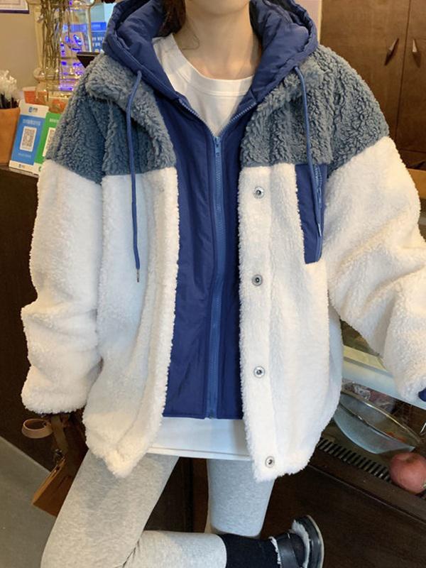 Patchwork Button Down Fleece Hooded Jacket Product Image