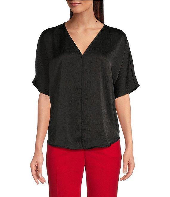 DKNY by Donna Karan Woven V-Neck Short Sleeve Blouse Product Image