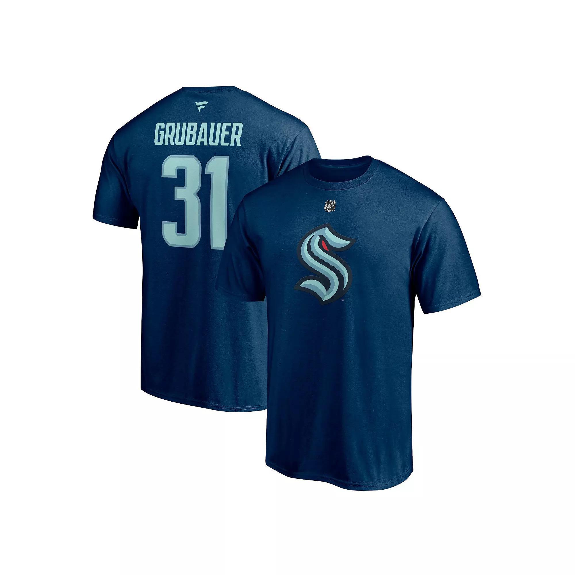 Men's Fanatics Branded Philipp Grubauer Deep Sea Blue Seattle Kraken Authentic Stack Name & Number T-Shirt,  Product Image