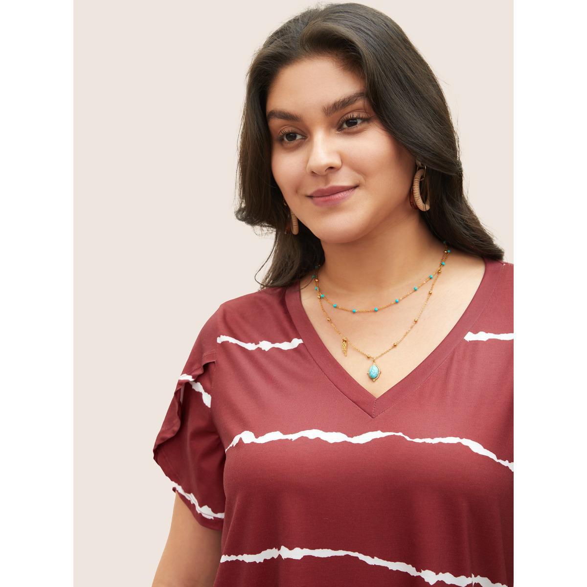 Plus Size Striped Contrast Petal Sleeve T-shirt Scarlet Women Elegant Striped Everyday T-shirts BloomChic 10/M Product Image