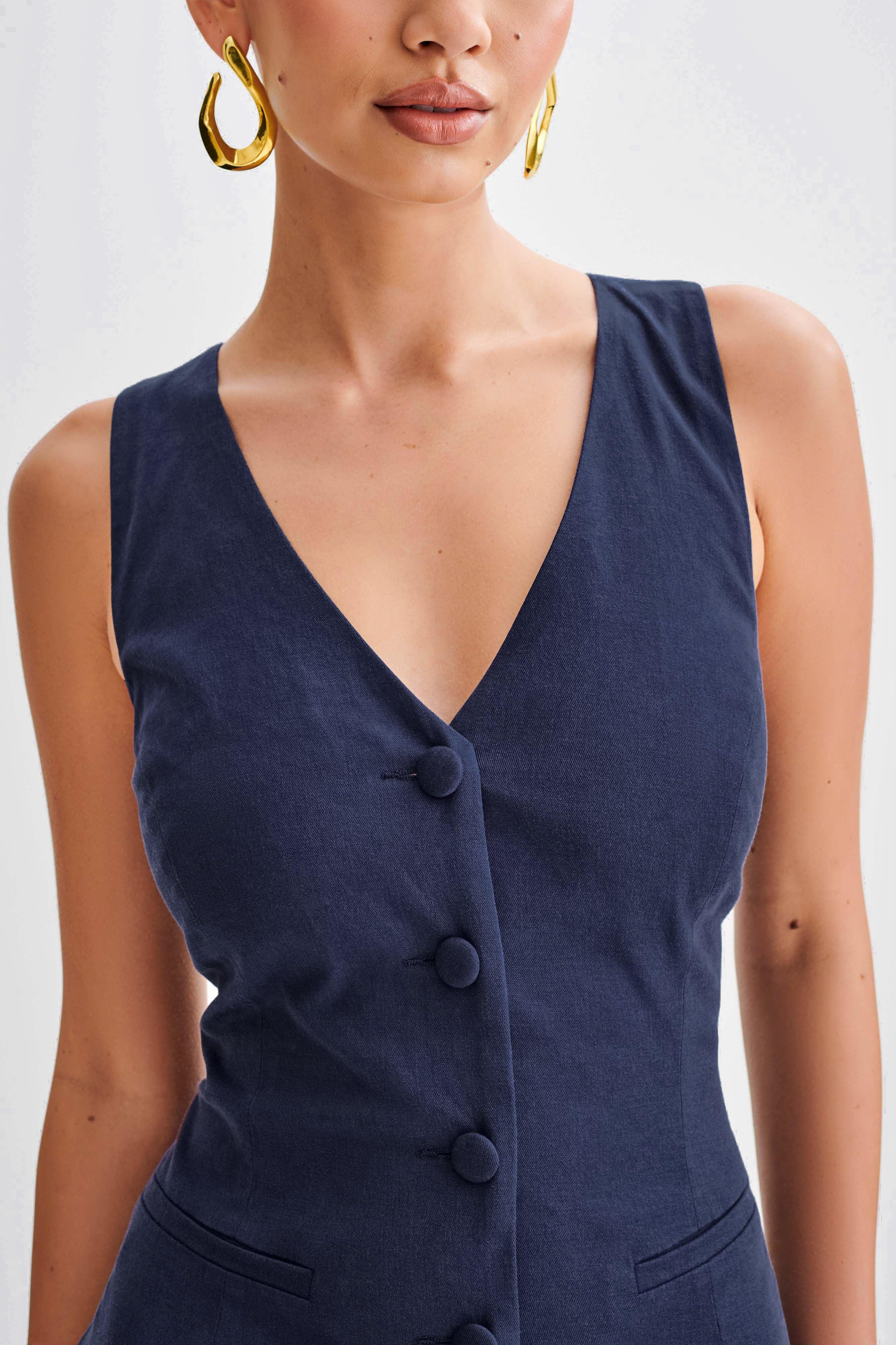 Theodora Cotton Buttoned Midi Dress - Navy Product Image