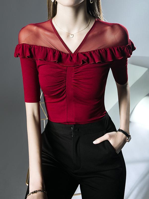 Half Sleeves Skinny Pleated Ruffle Trim Solid Color Split-Joint V-Neck T-Shirts Tops Product Image