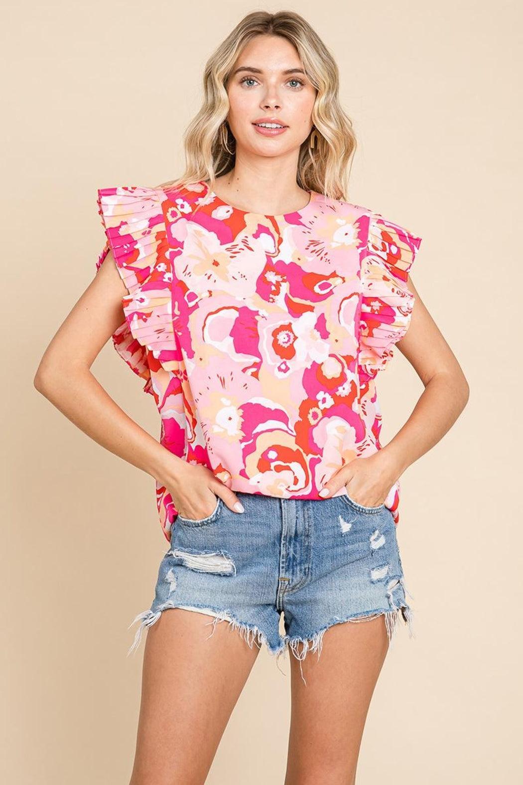 Self Double Layered Floral Ruffled Tops Product Image