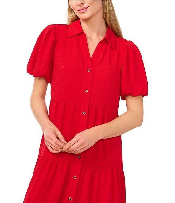 CeCe Gauze Point Collar Short Puff Sleeve Button Front Tiered Midi Shirt Dress Product Image