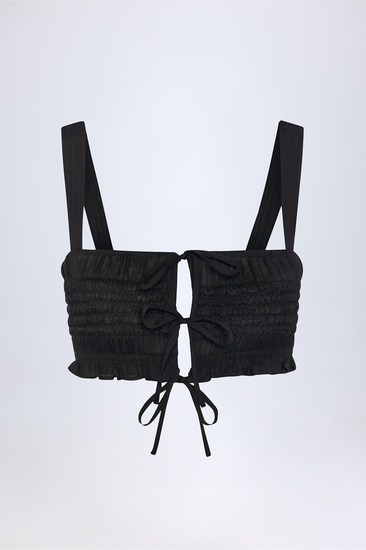Ruffled Tie-Front Crop Top in Black Product Image