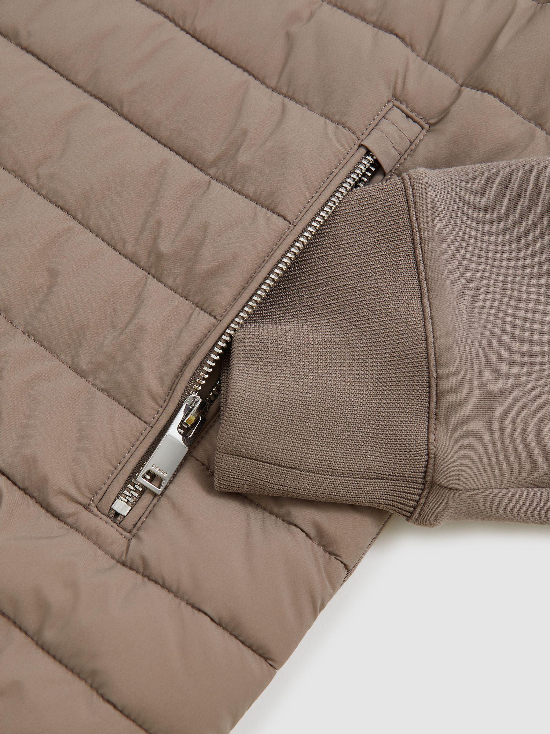Hybrid Quilt and Knit Zip-Through Jacket in Taupe Brown Product Image