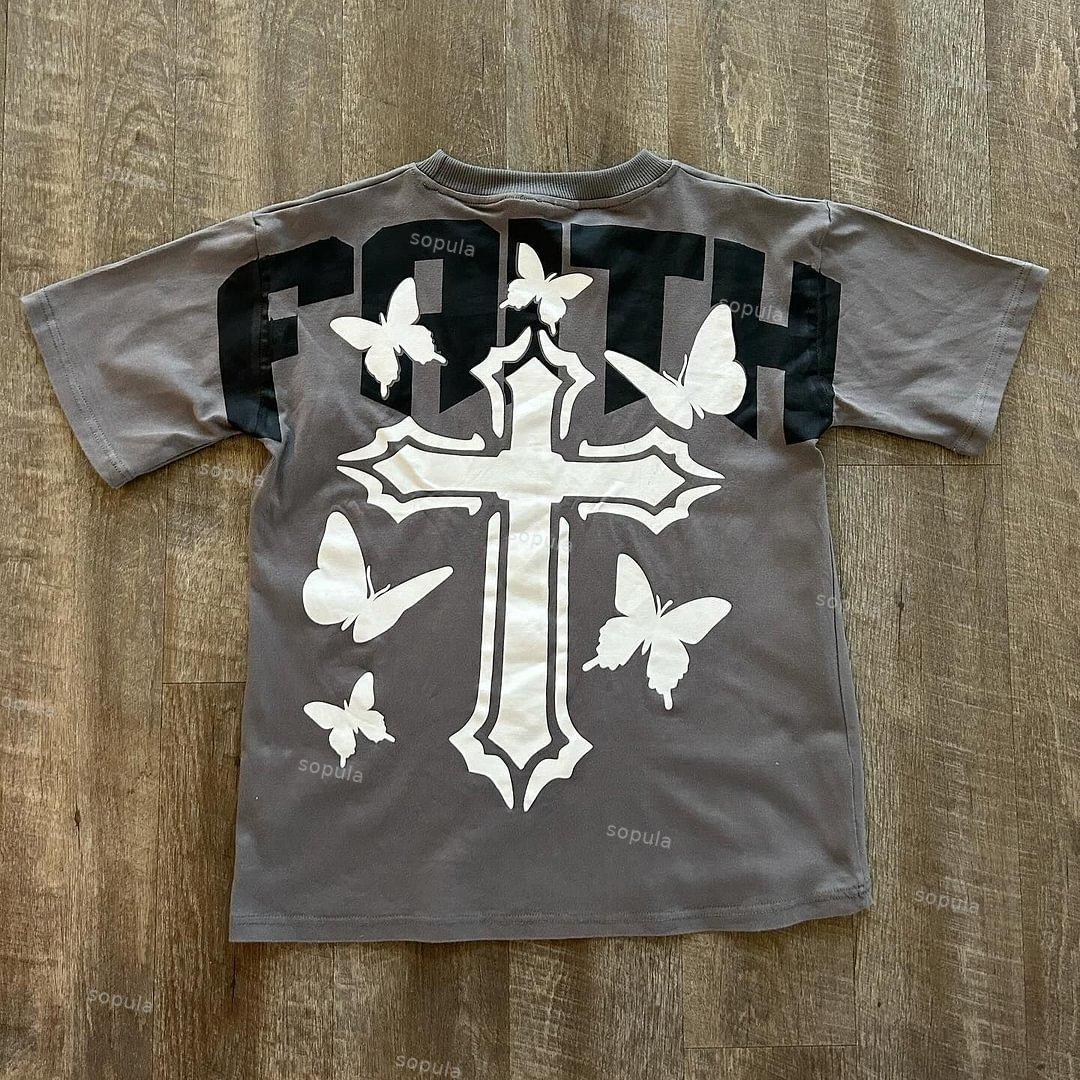 Men's Butterfly Faith Cross Vintage Graphic Cotton T-Shirt Product Image