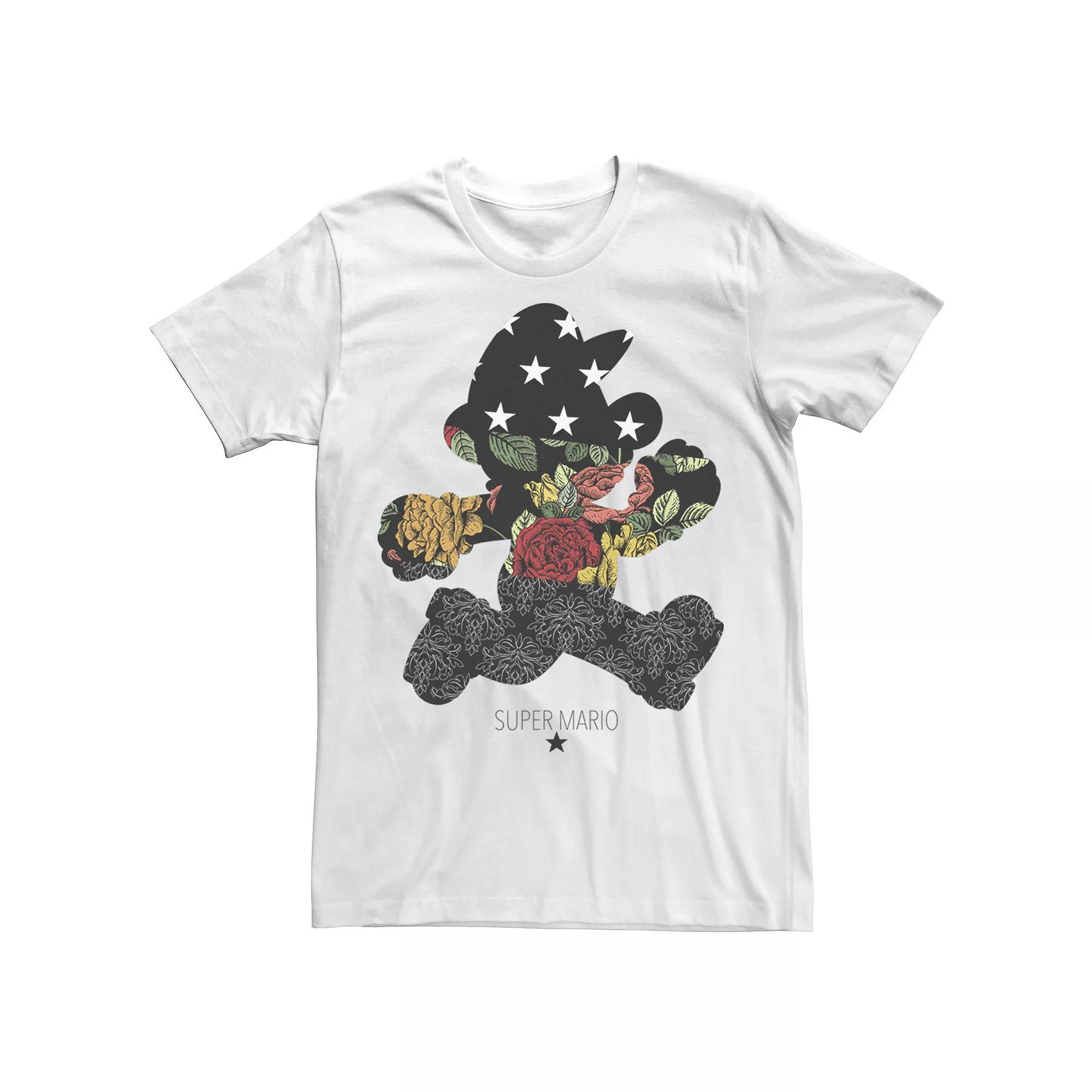 Men's Nintendo Super Mario Running Floral Fill Silhouette Graphic Tee, Size: Large, White Product Image